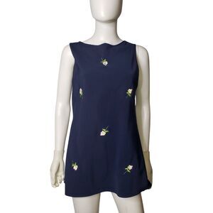 Josie By Natori Sleeveless Navy Blue Top Blouse Embroirdered Floral Size Medium
